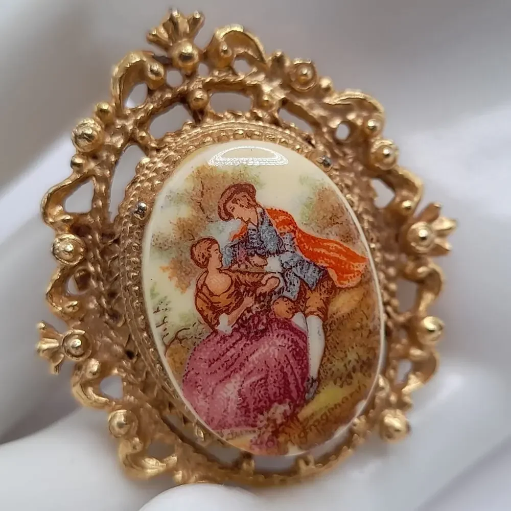 Vintage Courting Couple Porcelain Enamel Pin Brooch, 1960s, Signed